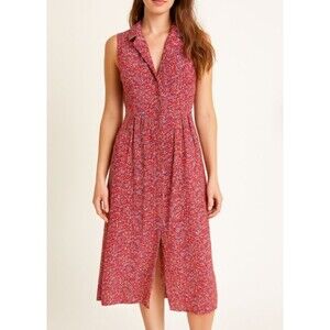 Bobbie Bee Red Floral Button Front Midi Dress Size 6 Rayon Sleeveless Collared V